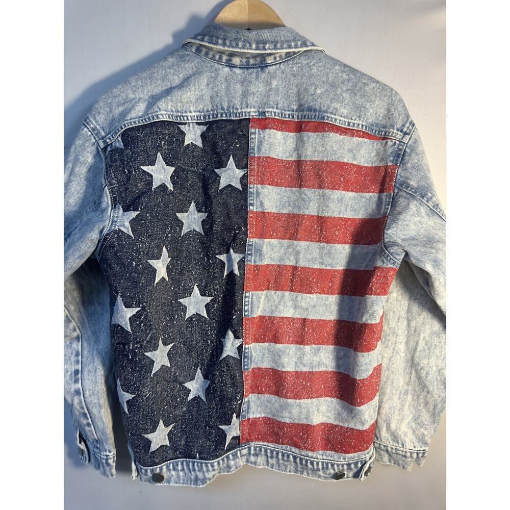 Divided H&M Denim Jacket US Flag Back Print Cotton Size 2‎ Americana Patriotic
